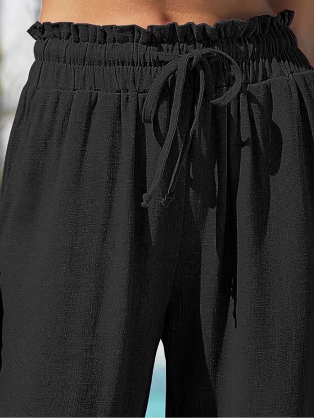 Women’s UEU linen,rayon black Elastic Waist Drawstring  tie Pants